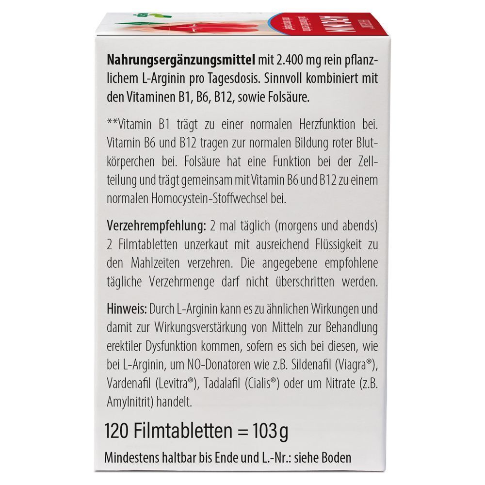 Rückseite der ARGININ HERZGESUND Packung. Text in deutscher Sprache. Enthält Informationen zu Inhaltsstoffen und Dosierung.