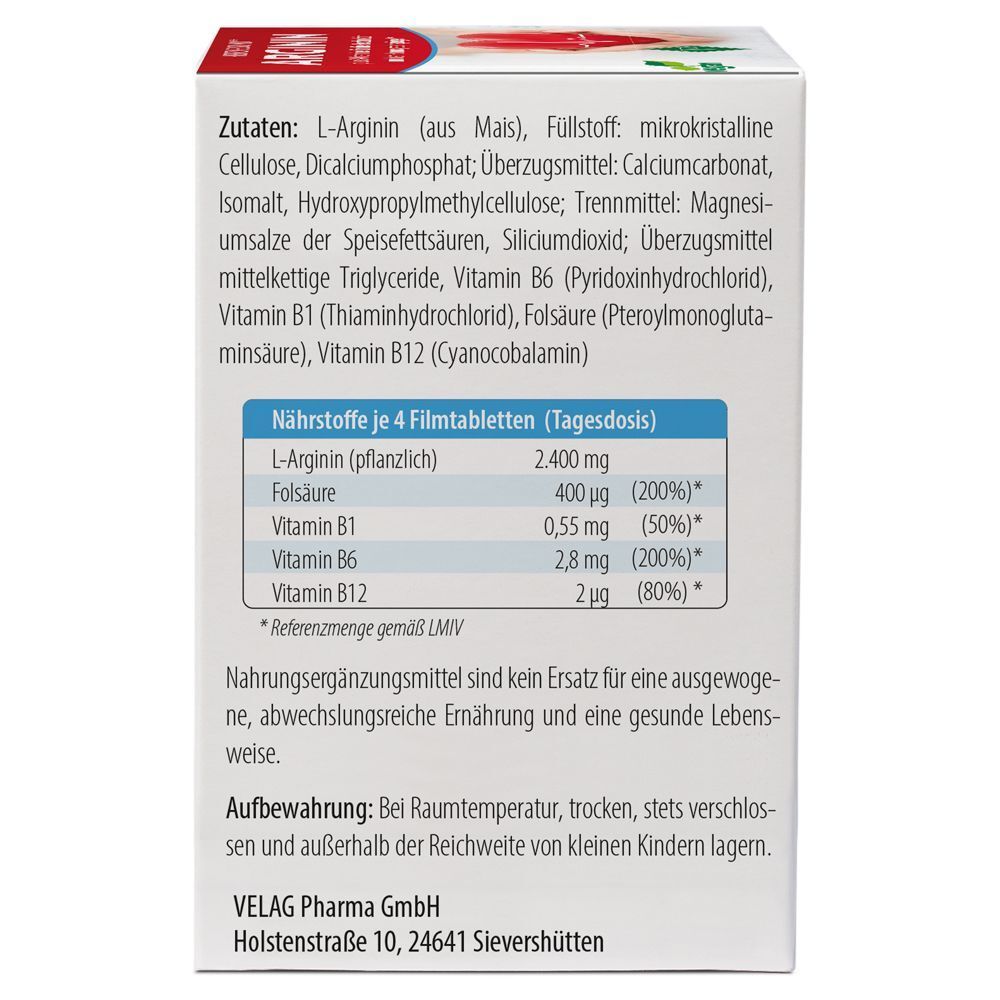 Detailansicht der Zutatenliste und Nährwertangaben auf der ARGININ HERZGESUND Packung. Text in deutscher Sprache.