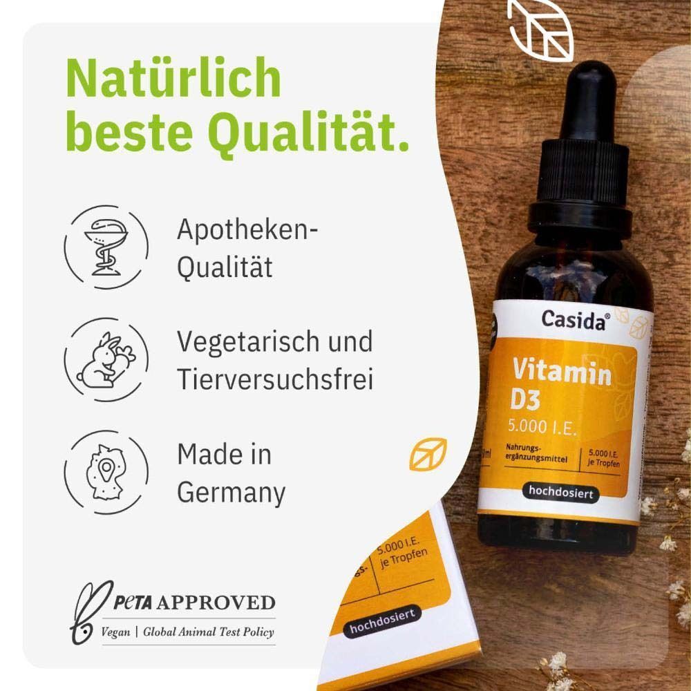 Vitamin D3 Tropfen Flasche mit Pipette. Aufschrift: Vitamin D3 5.000 I.E. Casida. Text: Apotheken-Qualität, vegetarisch, tierversuchsfrei, Made in Germany.