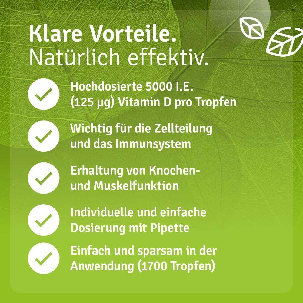 Text: Hochdosierte 5000 I.E. (125 µg) Vitamin D pro Tropfen. Wichtig für die Zellteilung und das Immunsystem. Erhaltung von Knochen- und Muskelfunktion.
