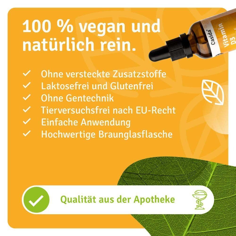 Text: 100 % vegan und natürlich rein. Ohne versteckte Zusatzstoffe, laktosefrei und glutenfrei, ohne Gentechnik, tierversuchsfrei, hochwertige Braunglasflasche.