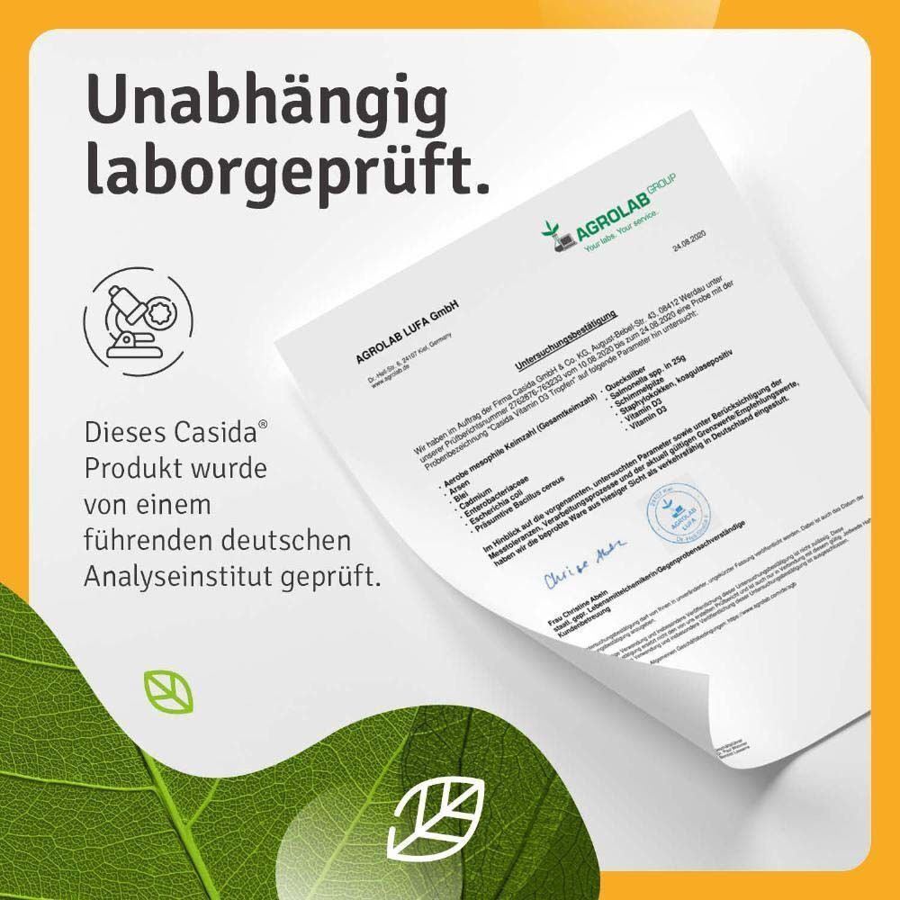 Zertifikat von Agrolab. Text: Dieses Casida Produkt wurde von einem führenden deutschen Analyseinstitut geprüft.