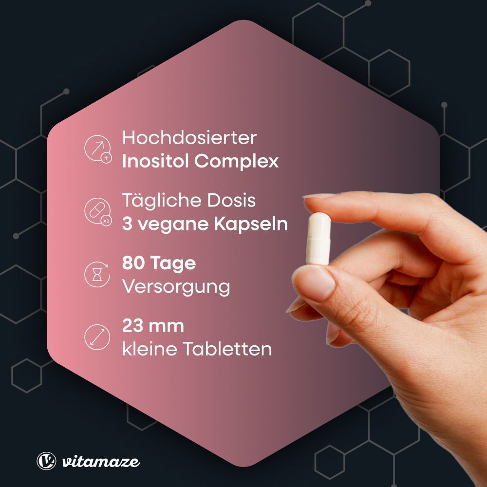 Eine Hand hält eine Kapsel neben einem sechseckigen Diagramm mit Produktmerkmalen.