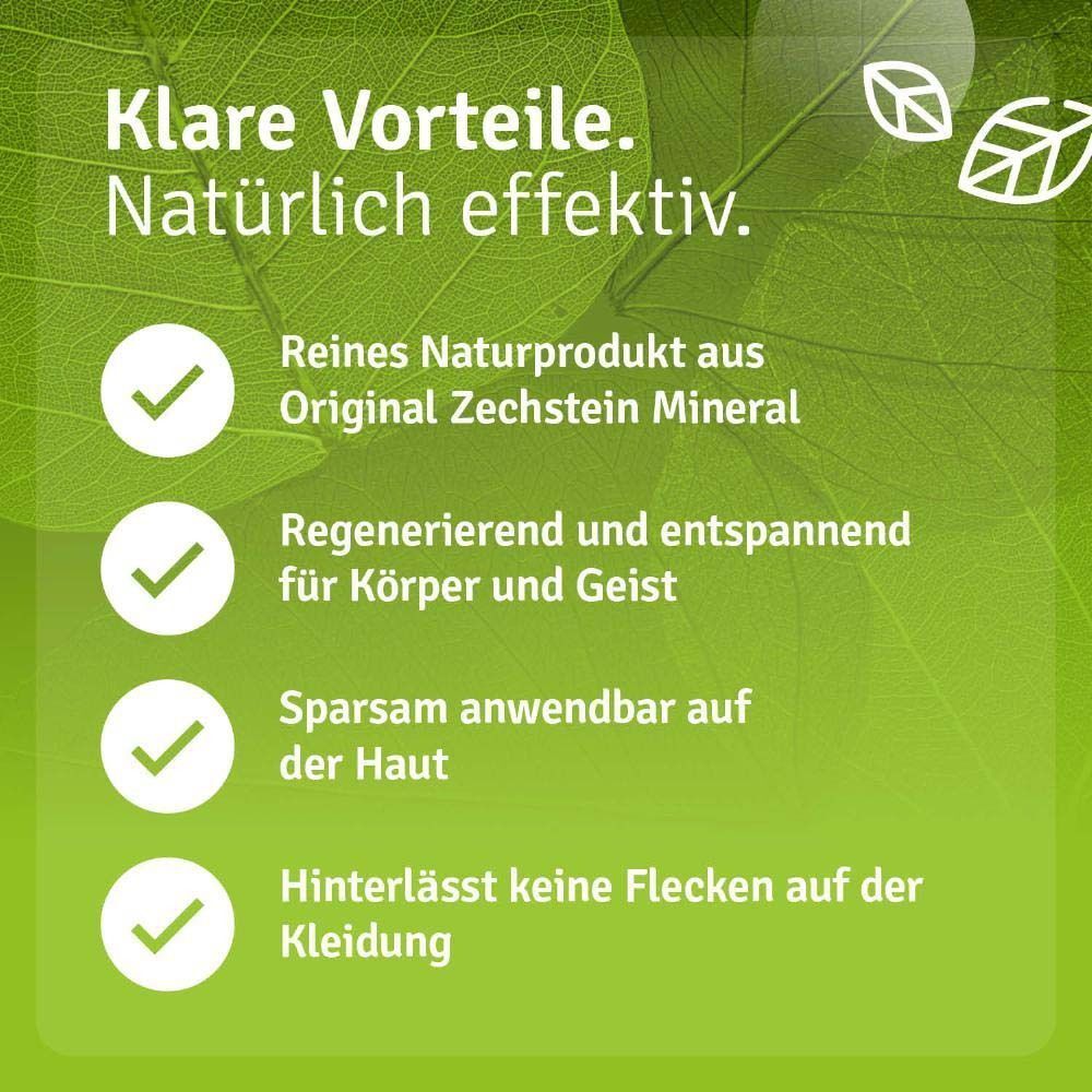 Text: Reines Naturprodukt, regenerierend, sparsam anwendbar, hinterlässt keine Flecken. Grüner Hintergrund.
