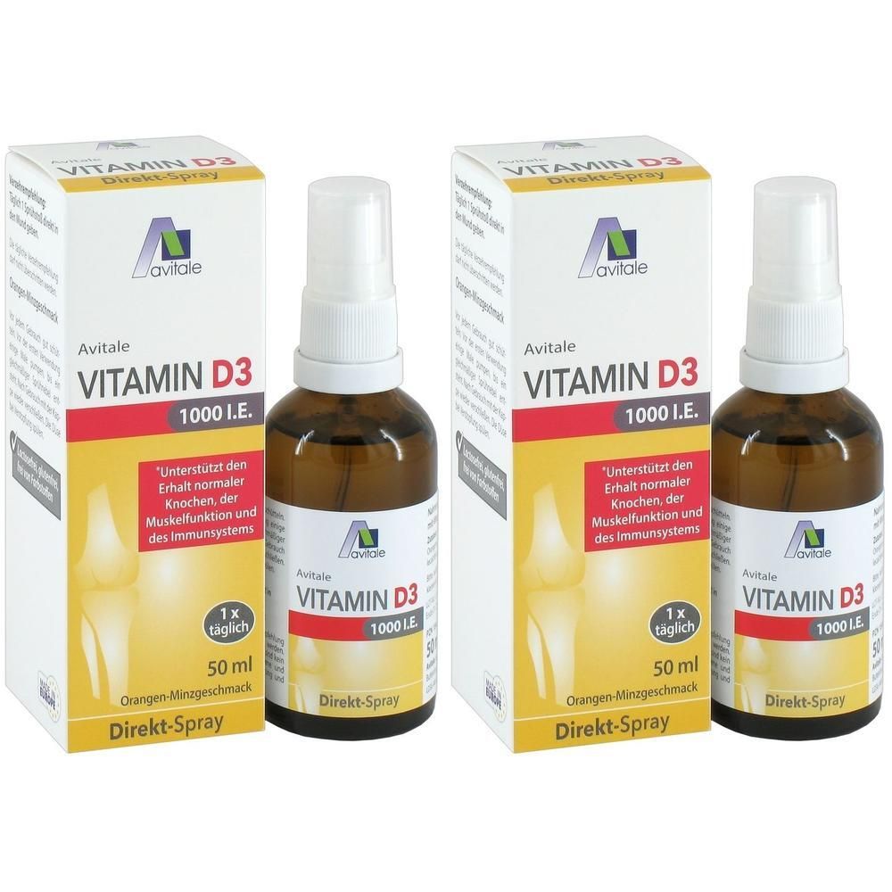 Zwei Flaschen Avitale Vitamin D3 1000 I.E. Direkt-Spray mit Schachteln. Braune Glasflaschen mit weißem Sprühkopf.