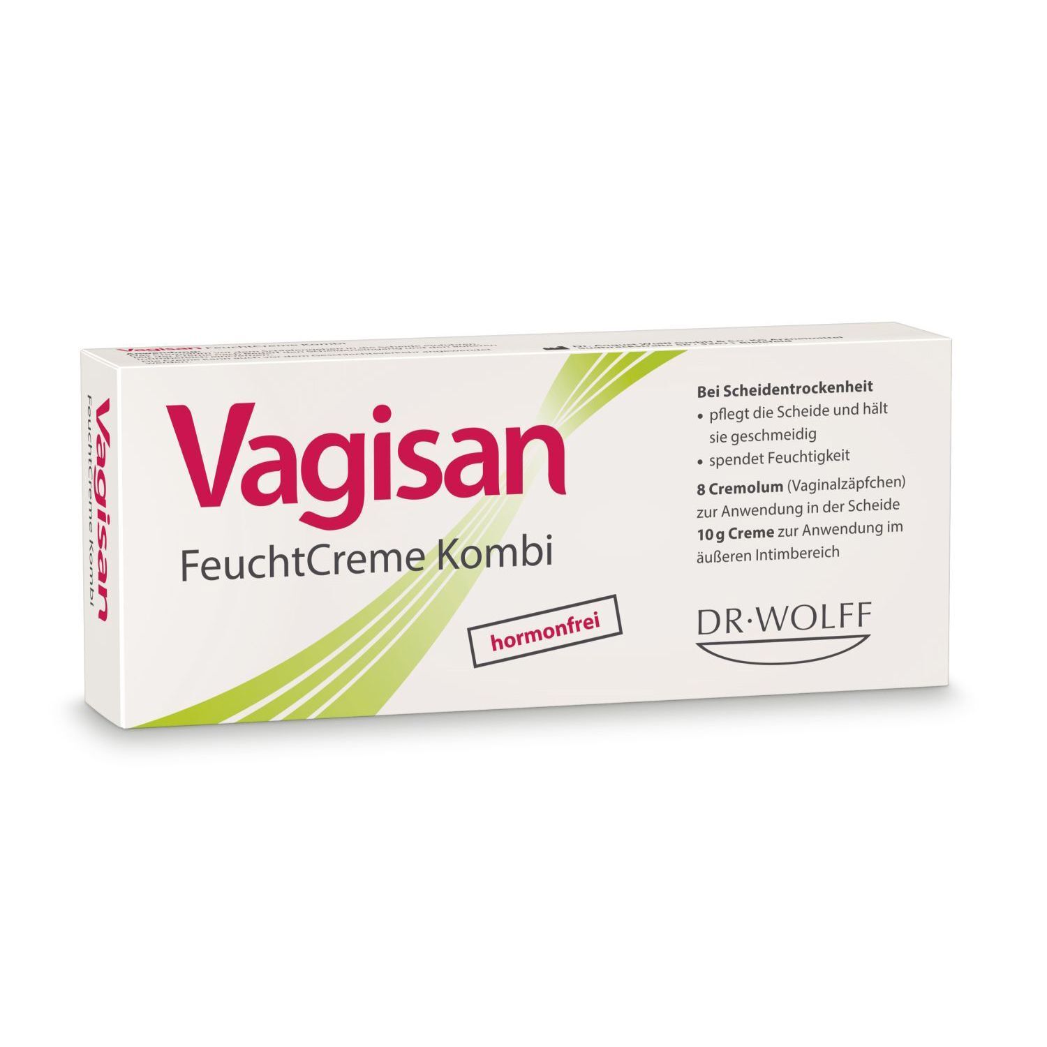 Weiße Schachtel mit "Vagisan FeuchtCreme Kombi" Schriftzug. Text: "Bei Scheidentrockenheit". Hormonfrei-Logo.