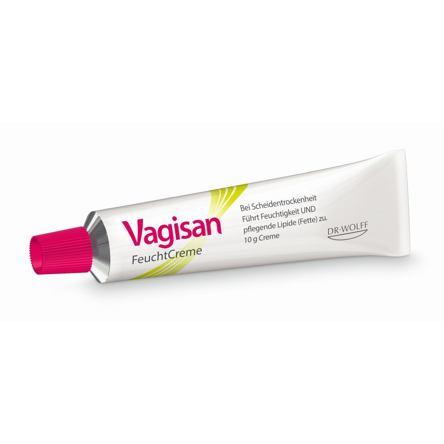 Weiße Tube mit roter Kappe. Aufschrift "Vagisan FeuchtCreme". Text: "Bei Scheidentrockenheit".