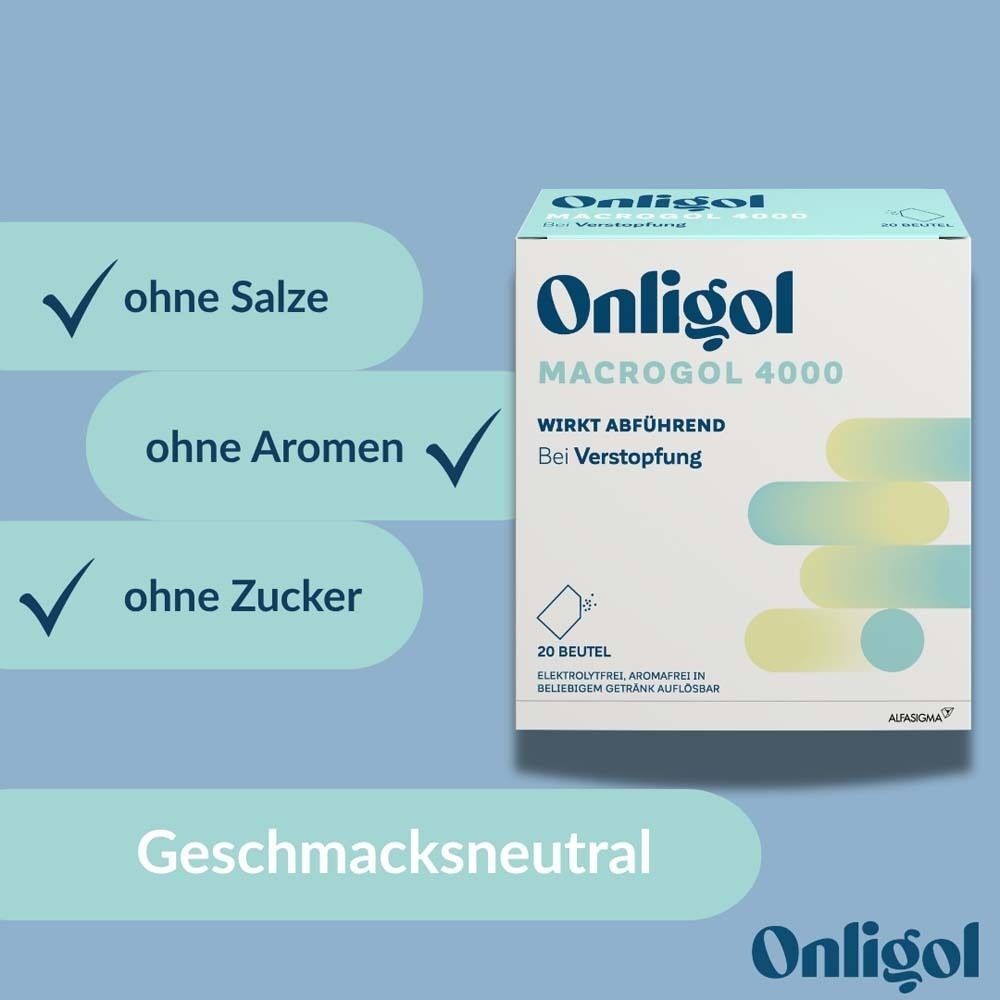 Packung Onligol Macrogol 4000. Aufschrift: Wirkt abführend bei Verstopfung. Ohne Zucker, Aromen und Salze. Geschmackneutral.
