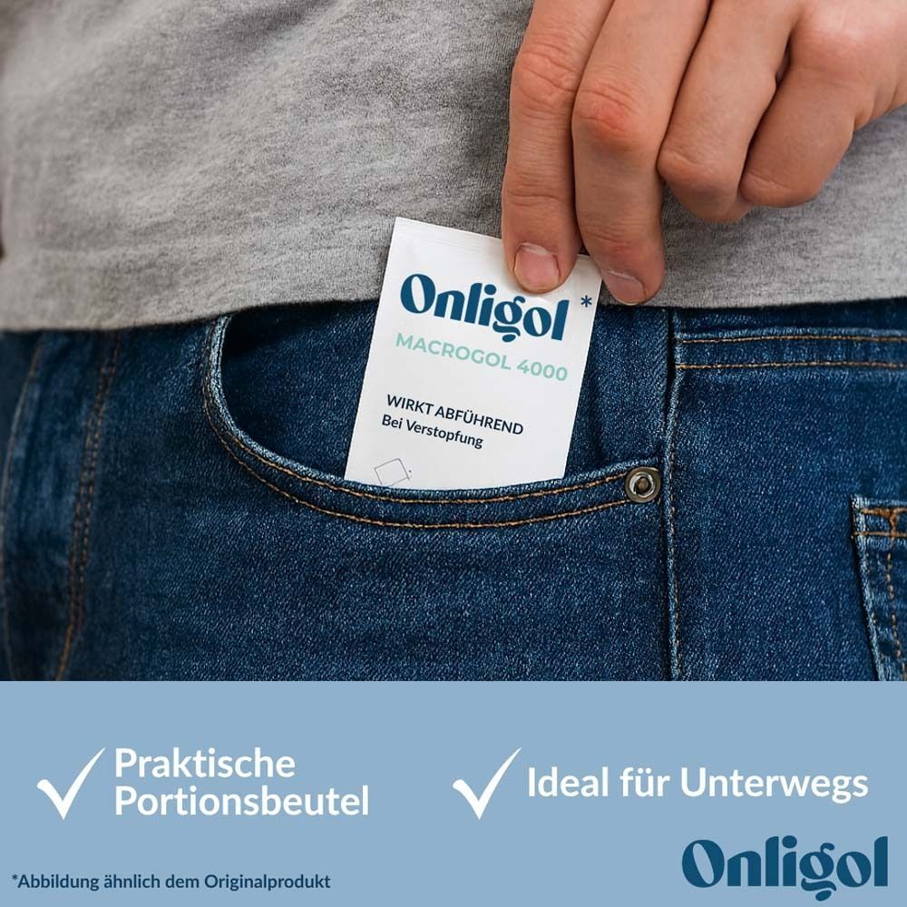 Hand steckt einen Beutel Onligol Macrogol 4000 in eine Hosentasche. Text: Praktische Portionsbeutel. Ideal für unterwegs.
