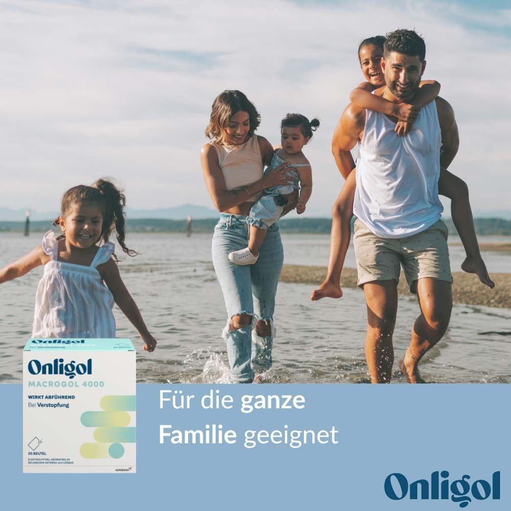 Familie am Strand. Packung Onligol Macrogol 4000. Text: Für die ganze Familie geeignet.