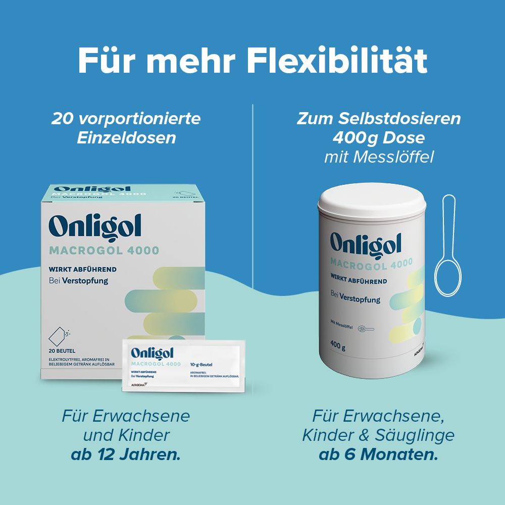 Onligol MACROGOL 4000: 20 Einzelportionen und 400g Dose mit Messlöffel.