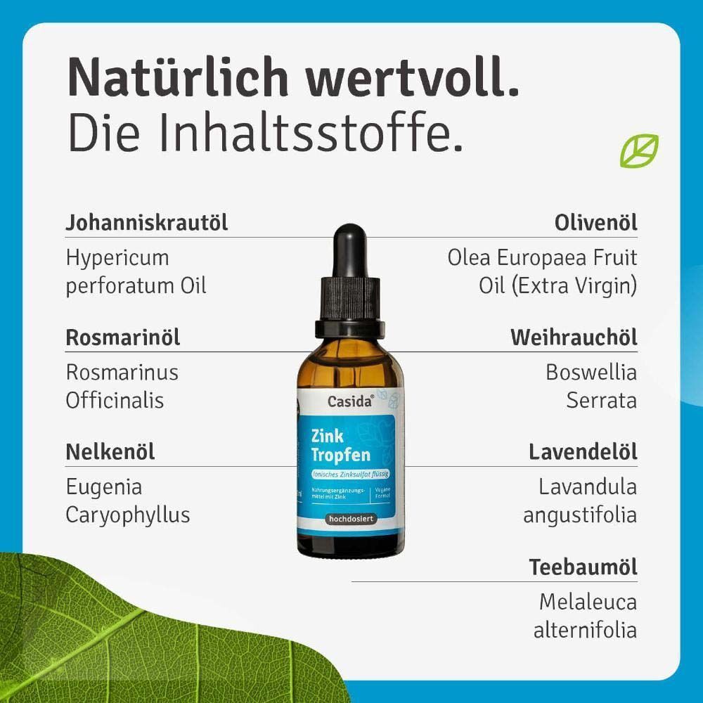 Zink Tropfen Flasche mit Inhaltsstoffen: Johanniskrautöl, Rosmarinöl, Nelkenöl, Olivenöl, Weihrauchöl, Lavendelöl, Teebaumöl. Marke Casida.