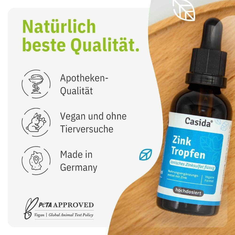 Zink Tropfen Flasche. Apotheken-Qualität, vegan und ohne Tierversuche, Made in Germany. PETA APPROVED Vegan | Global Animal Test Policy.