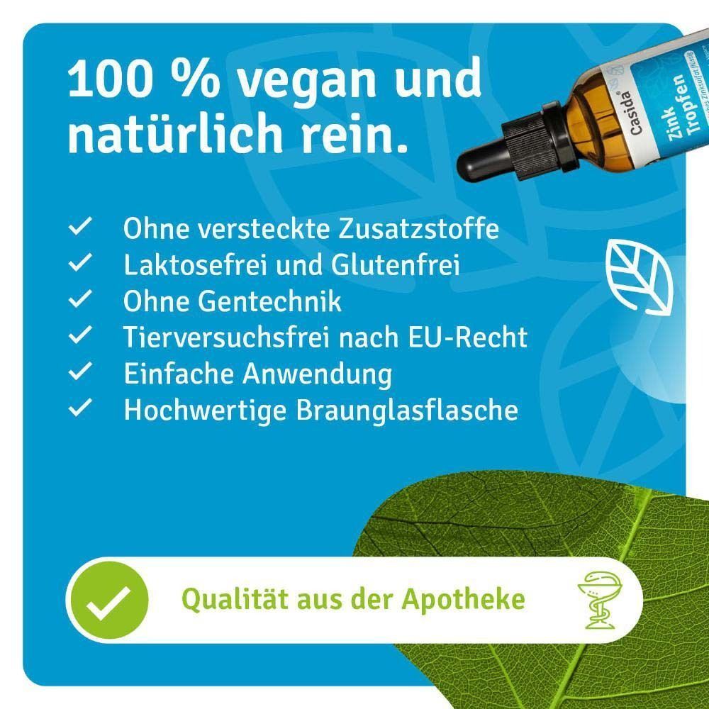 Zink Tropfen Flasche. 100% vegan und natürlich rein. Ohne versteckte Zusatzstoffe, laktosefrei und glutenfrei, ohne Gentechnik.
