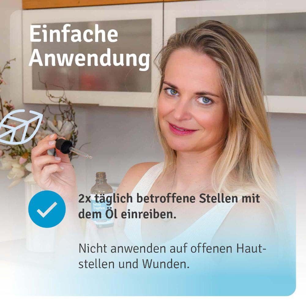 Frau mit Zink Tropfen Flasche. Anwendung: 2x täglich betroffene Stellen mit dem Öl einreiben. Nicht anwenden auf offenen Hautstellen und Wunden.