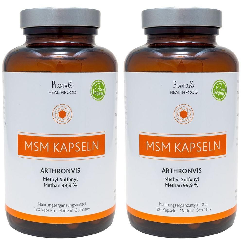 Zwei braune Glasflaschen mit weißen Etiketten. Aufschrift: MSM Kapseln, Arthronvis, Methyl Sulfonyl Methan 99,9%. Vegan-Siegel.