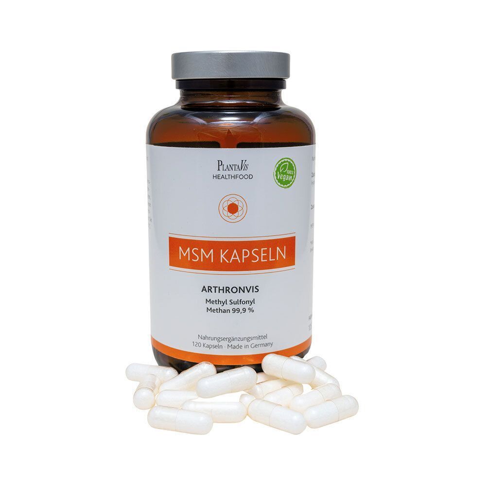 Braune Glasflasche mit weißem Etikett und Kapseln. Aufschrift: MSM Kapseln, Arthronvis, Methyl Sulfonyl Methan 99,9%. Vegan-Siegel.