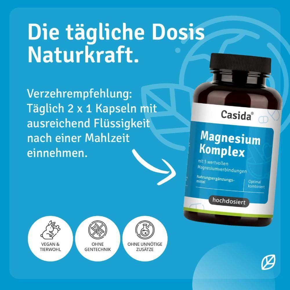 Eine Flasche Casida Magnesium Komplex. Auf dem Etikett steht: Magnesium Komplex. Text: Vegan & tierwohl, ohne Gentechnik, ohne unnötige Zusätze.