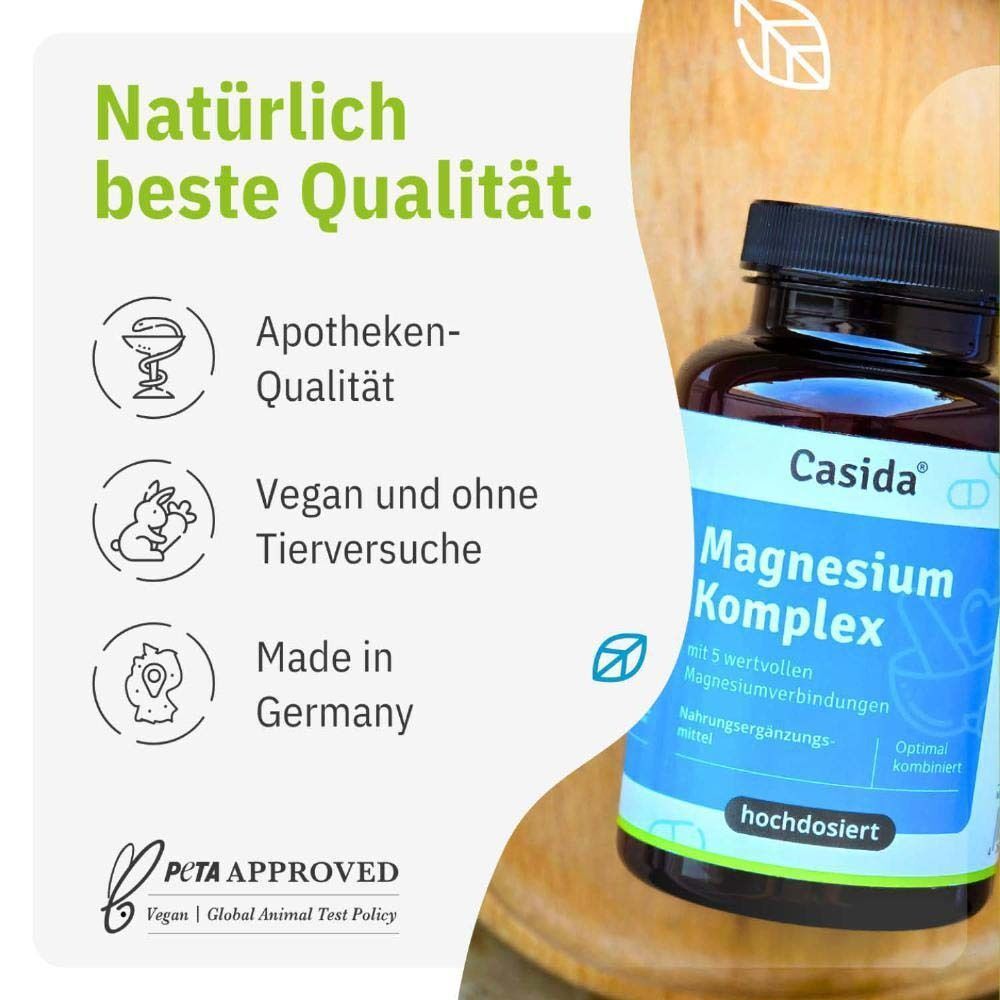 Eine Flasche Casida Magnesium Komplex. Text: Apotheken-Qualität, Vegan und ohne Tierversuche, Made in Germany. PETA Approved Siegel.
