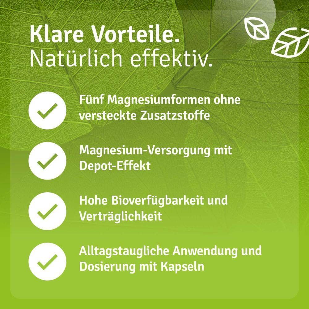 Text: Klare Vorteile. Fünf Magnesiumformen, Magnesium-Versorgung mit Depot-Effekt, hohe Bioverfügbarkeit, alltagstaugliche Anwendung mit Kapseln.
