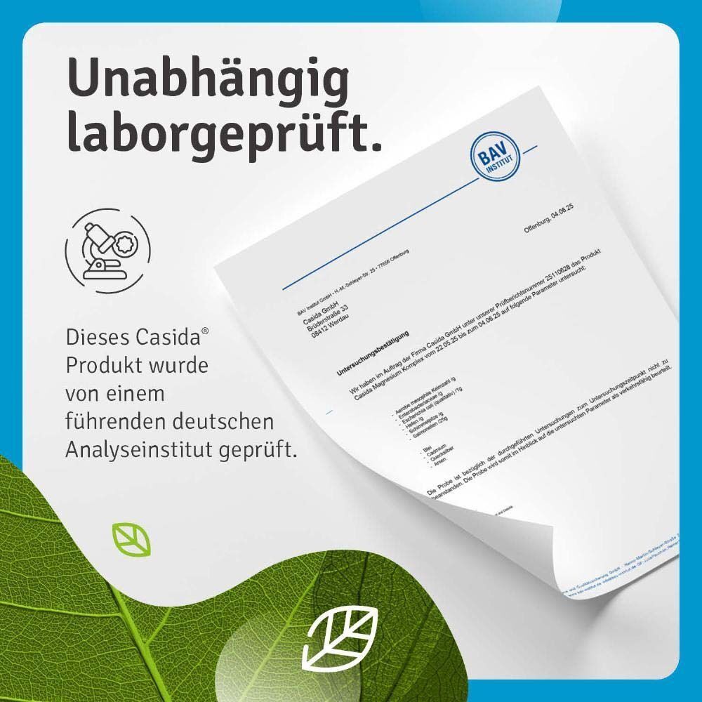 Ein Dokument mit Text. Text: Dieses Casida Produkt wurde von einem führenden deutschen Analyseinstitut geprüft.