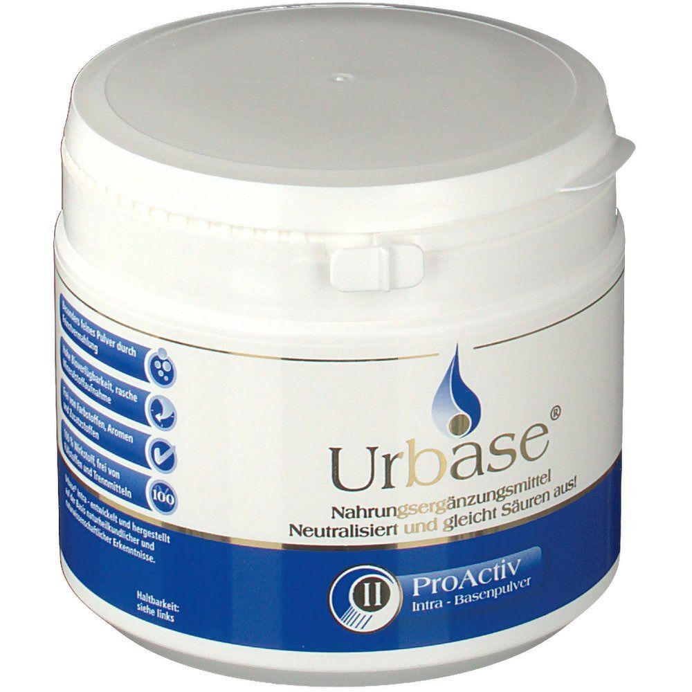 Weiße Dose mit Deckel. Aufschrift: Urbase, ProAktiv. Blaue und weiße Etiketten. Tropfensymbol.