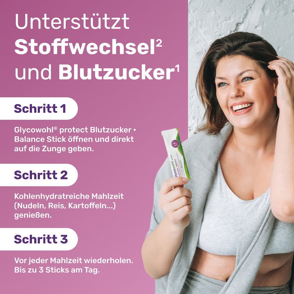 Frau hält einen GLYCOWOHL Blutzucker Balance Stick. Text: Schritt 1-3, Glycowohl protect Blutzucker Balance Stick öffnen.