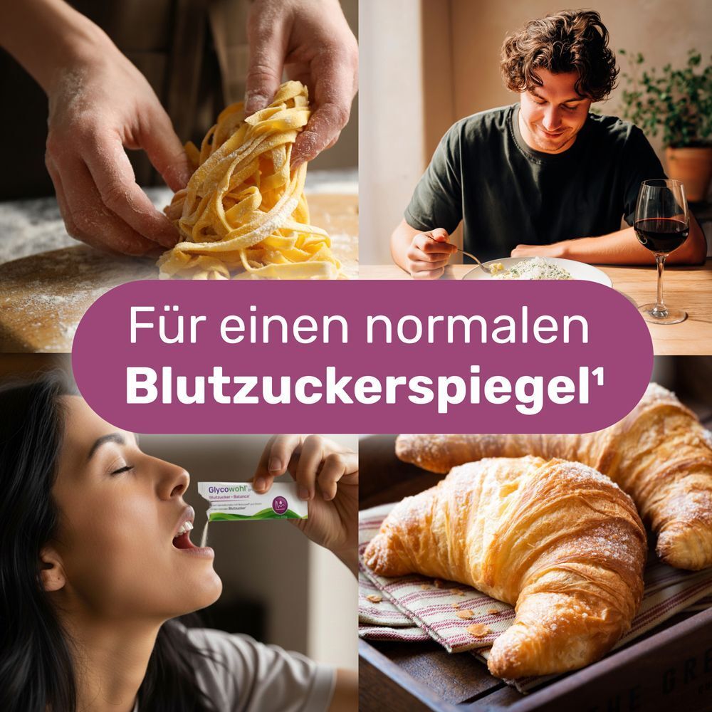 Verschiedene Szenen mit Essen. Personen essen. GLYCOWOHL Blutzucker Balance Stick. Text: Für einen normalen Blutzuckerspiegel.