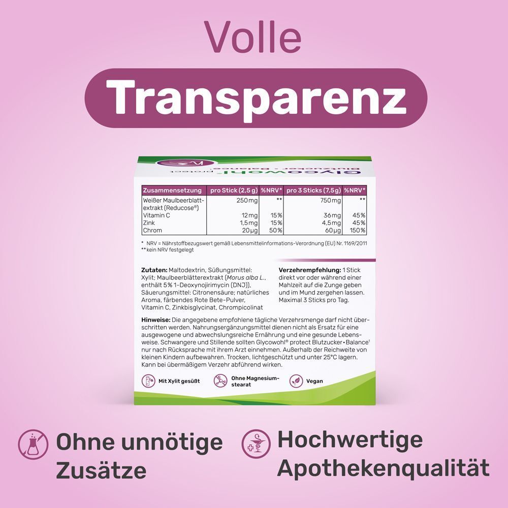 Zutatenliste und Nährwertangaben von GLYCOWOHL Blutzucker Balance Sticks. Text: Ohne unnötige Zusätze, Apothekenqualität.