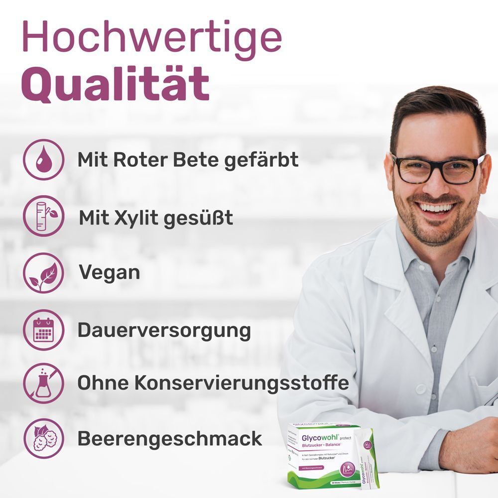 Mann im weißen Kittel. Text: Mit roter Bete gefärbt, mit Xylit gesüßt, vegan, Apothekenqualität, Beerengeschmack.
