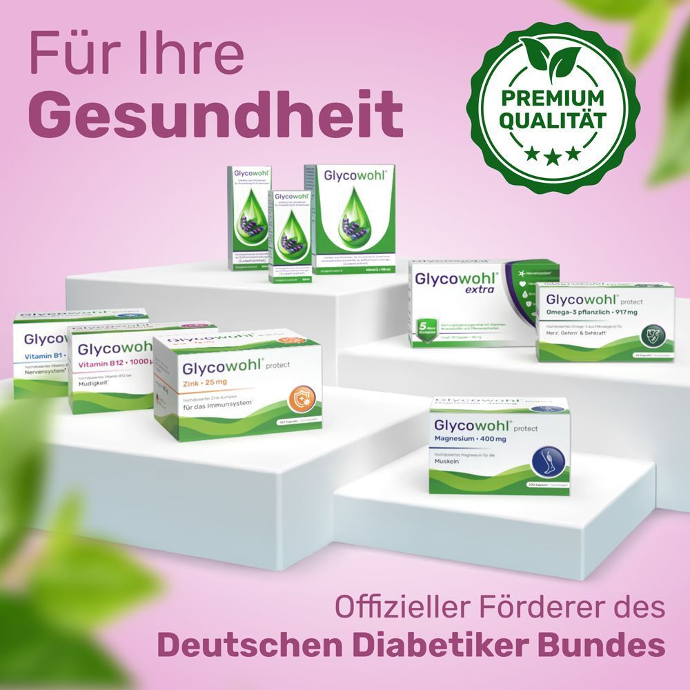 Verschiedene GLYCOWOHL Produkte. Text: Premium Qualität, offizieller Förderer des Deutschen Diabetiker Bundes.