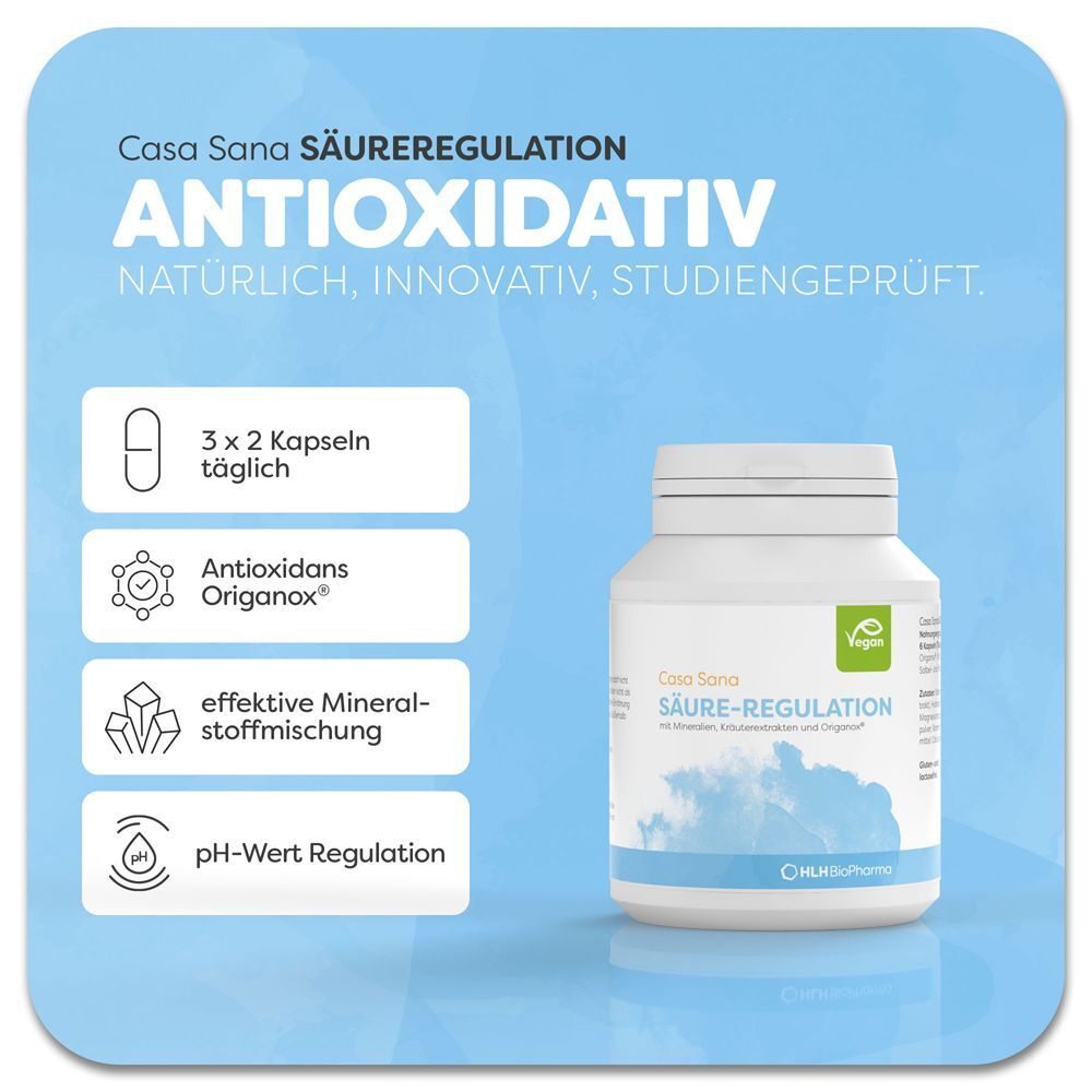 Casa Sana SÄURE-REGULATION Flasche. Text: Antioxidativ, 3x2 Kapseln täglich, Origanox, Mineralstoffmischung, pH-Wert.