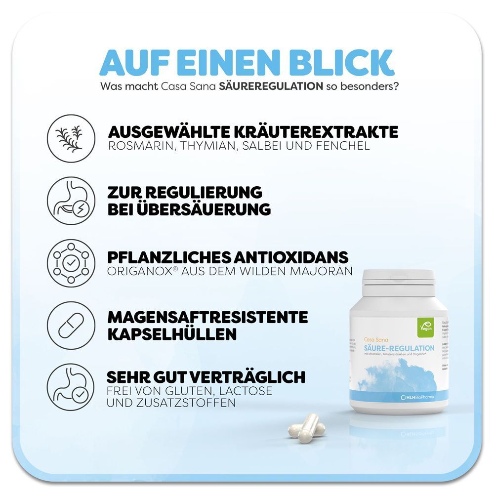Casa Sana SÄURE-REGULATION Flasche und Kapseln. Text: Kräuterextrakte, Regulierung, Antioxidans, Kapselhüllen, gut verträglich.