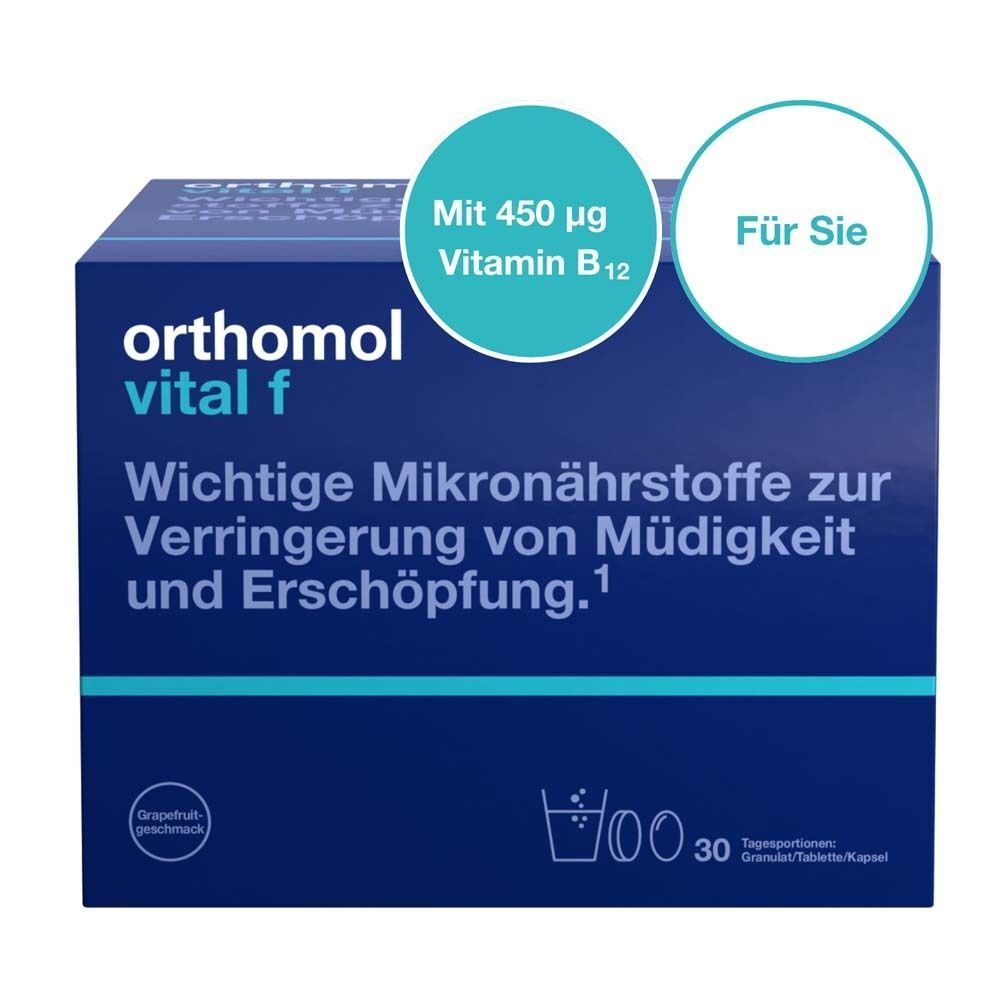 Blauer Karton Orthomol vital f. Text: Wichtige Mikronährstoffe. Kreise: 450 µg Vitamin B12, Für Sie.