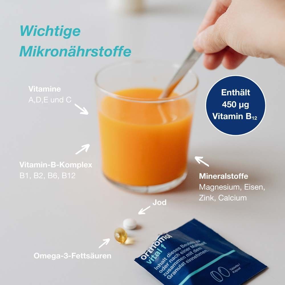 Glas mit Flüssigkeit, Tabletten, Kapsel, Beutel Orthomol vital f. Text: Enthält 450 µg Vitamin B12.