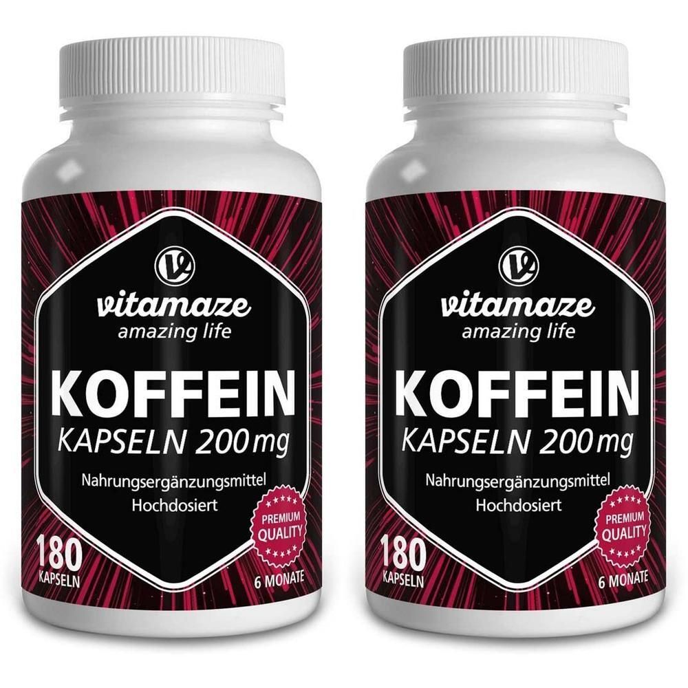 Zwei weiße Flaschen mit schwarzen Etiketten. Aufschrift: Koffein Kapseln 200mg, Nahrungsergänzungsmittel. Marke: vitamaze.