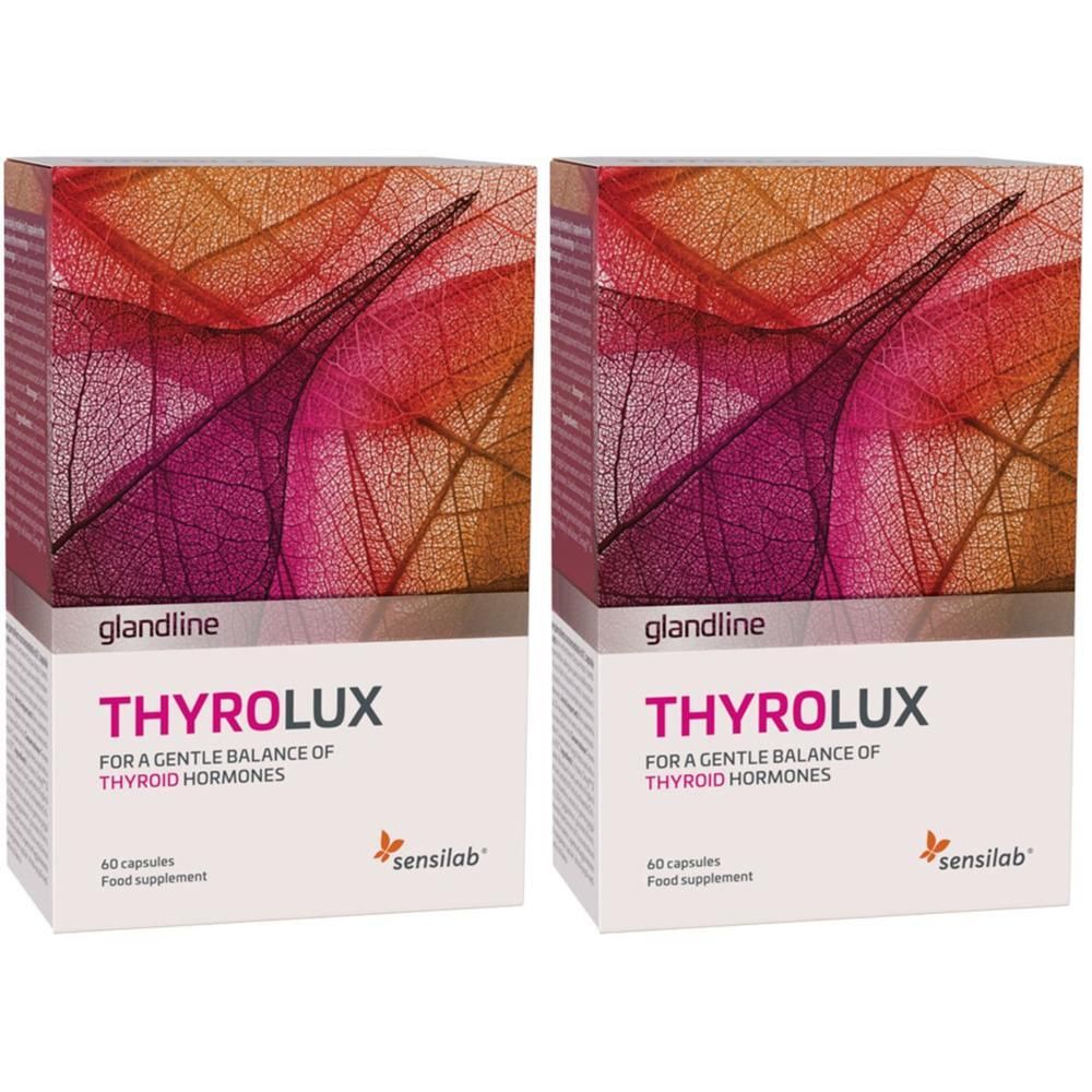 Zwei Schachteln THYROLUX. Aufschrift: Für ein sanftes Gleichgewicht der Schilddrüsenhormone. 60 Kapseln. Sensilab Logo.