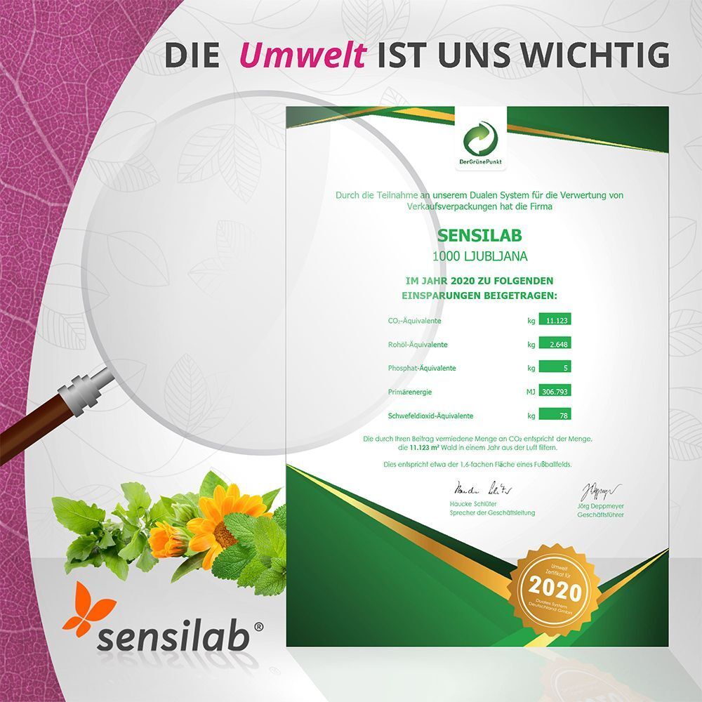 Zertifikat mit Text: Die Umwelt ist uns wichtig. Sensilab 1000 Ljubljana. CO2-Einsparungen. Sensilab Logo. 2020 Siegel.