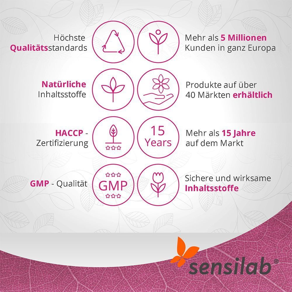 Kreisförmige Infografik mit Symbolen und Text. Höchste Qualitätsstandards. Natürliche Inhaltsstoffe. HACCP-Zertifizierung. GMP-Qualität. Sensilab Logo.
