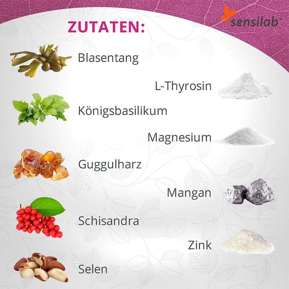 Zutaten: Blasentang, L-Tyrosin, Königbasilikum, Magnesium, Guggulharz, Mangan, Schisandra, Zink, Selen. Sensilab Logo.