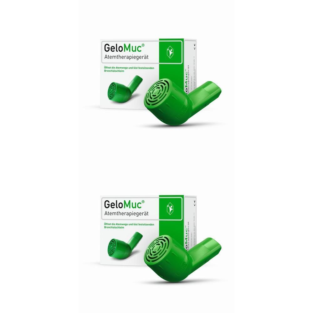 Zwei grüne Atemtherapiegeräte und Verpackungen. Auf der Verpackung steht "GeloMuc Atemtherapiegerät".