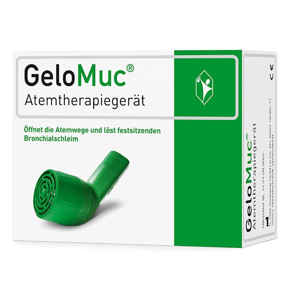 Verpackung von GeloMuc Atemtherapiegerät. Grün-weiße Schachtel mit Produkt und Logo. Text: "Öffnet die Atemwege und löst festsitzenden Bronchialschleim".