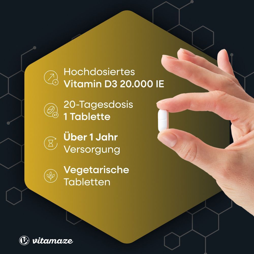 Hand hält eine Tablette. Gelber Hintergrund mit Text: Hochdosiertes Vitamin D3, 20-Tagesdosis, vegetarische Tabletten.