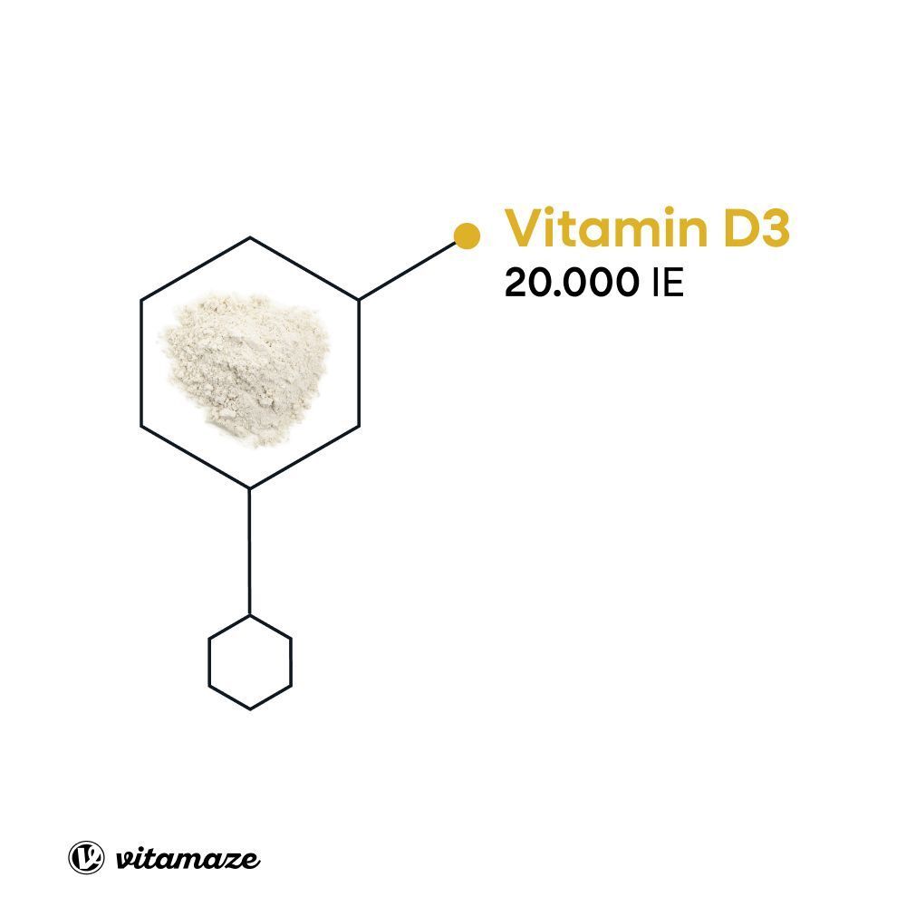 Grafische Darstellung von Vitamin D3 20.000 IE. Darstellung von Pulver in einem sechseckigen Rahmen.