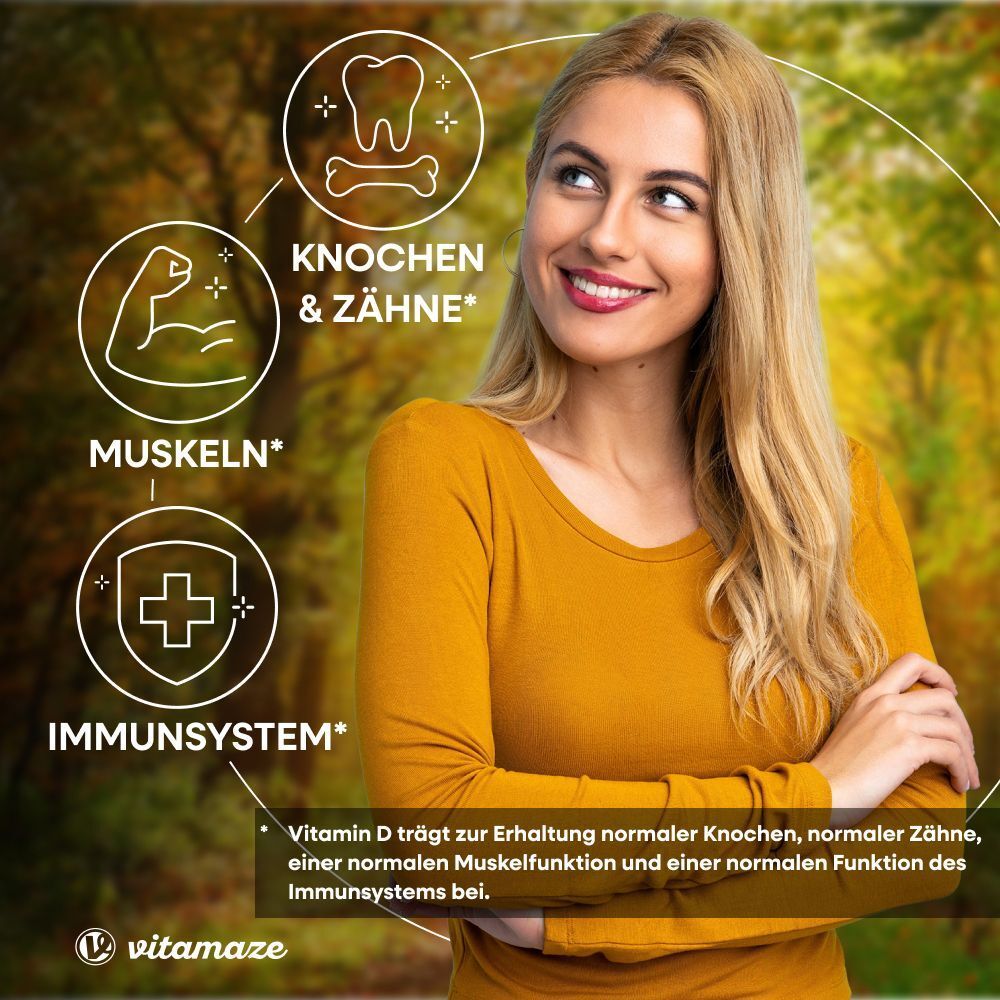 Frau mit Symbolen für Knochen & Zähne, Muskeln und Immunsystem. Text: Vitamin D trägt zur Erhaltung normaler Funktionen bei.
