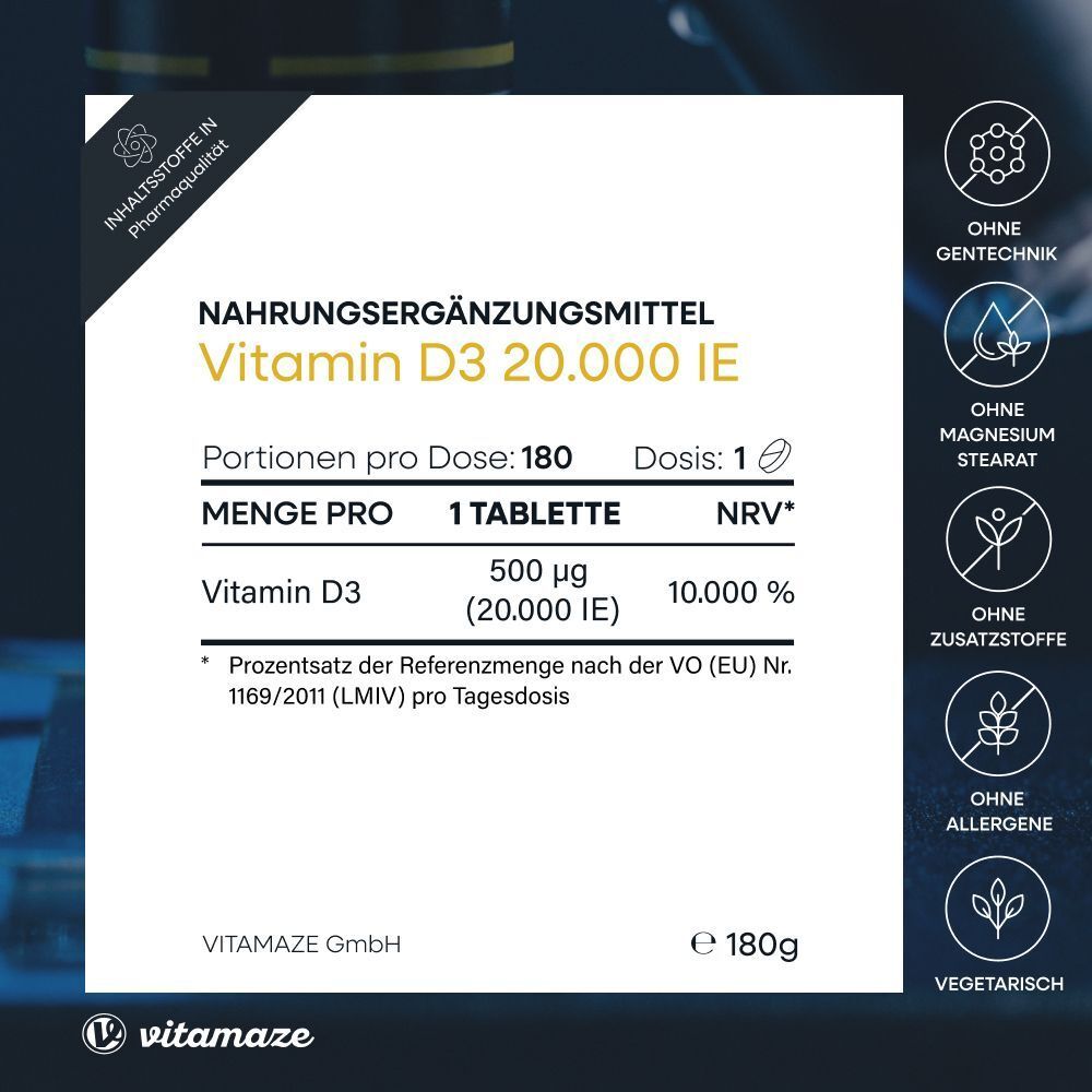 Nahrungsergänzungsmittel Vitamin D3 20.000 IE. Enthält 180 Tabletten. Informationen zu Inhaltsstoffen und Nährwerten.