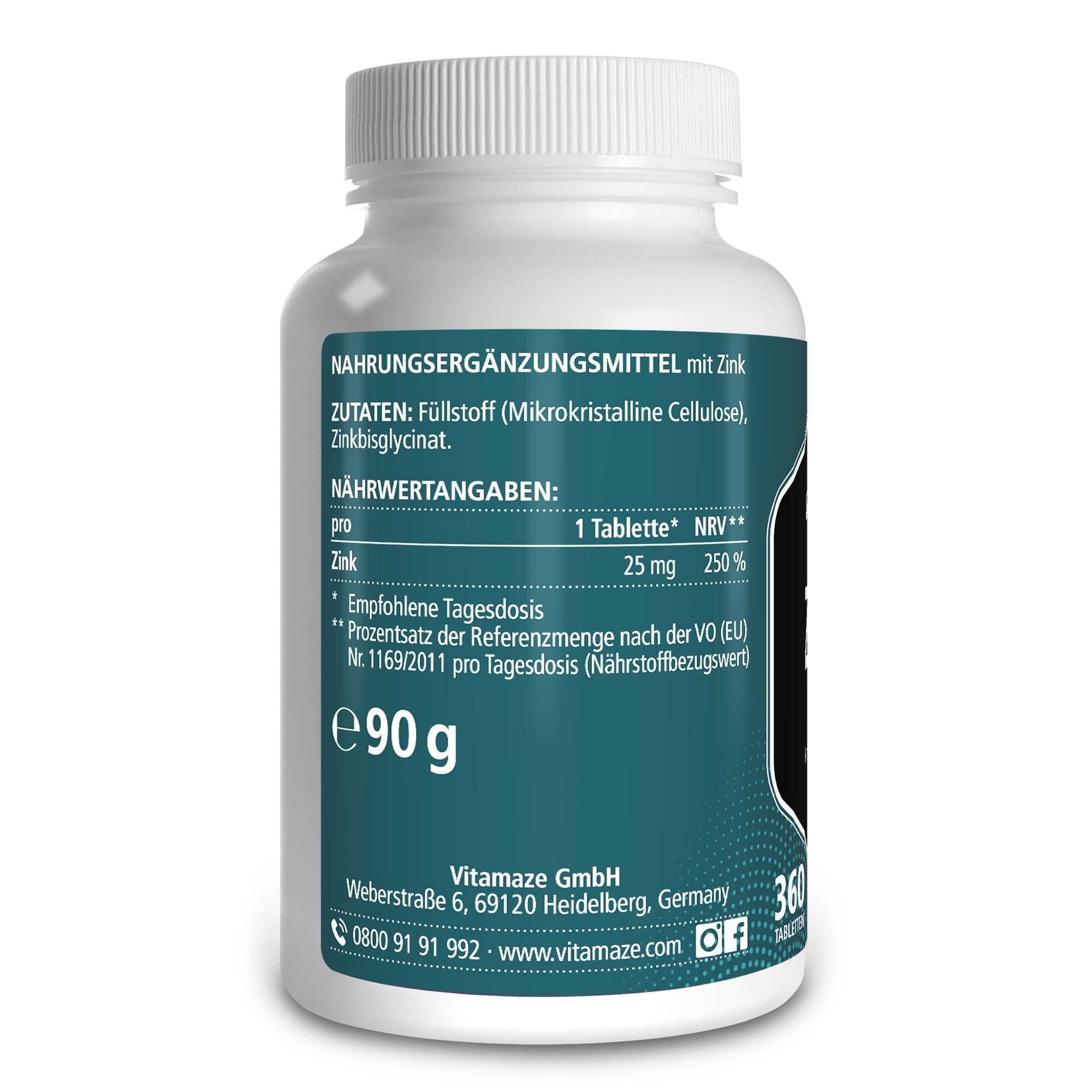 Weiße Flasche mit blauem Etikett. Aufschrift: Nährwertangaben, Zutaten, e90g. Marke: vitamaze. 360 Tabletten.