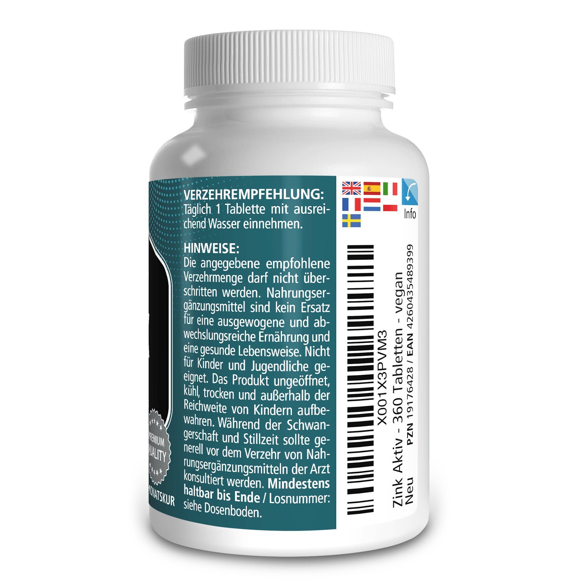 Weiße Flasche mit blauem Etikett. Aufschrift: Verzehrempfehlung, Hinweise. 360 Tabletten, vegan. Marke: vitamaze.