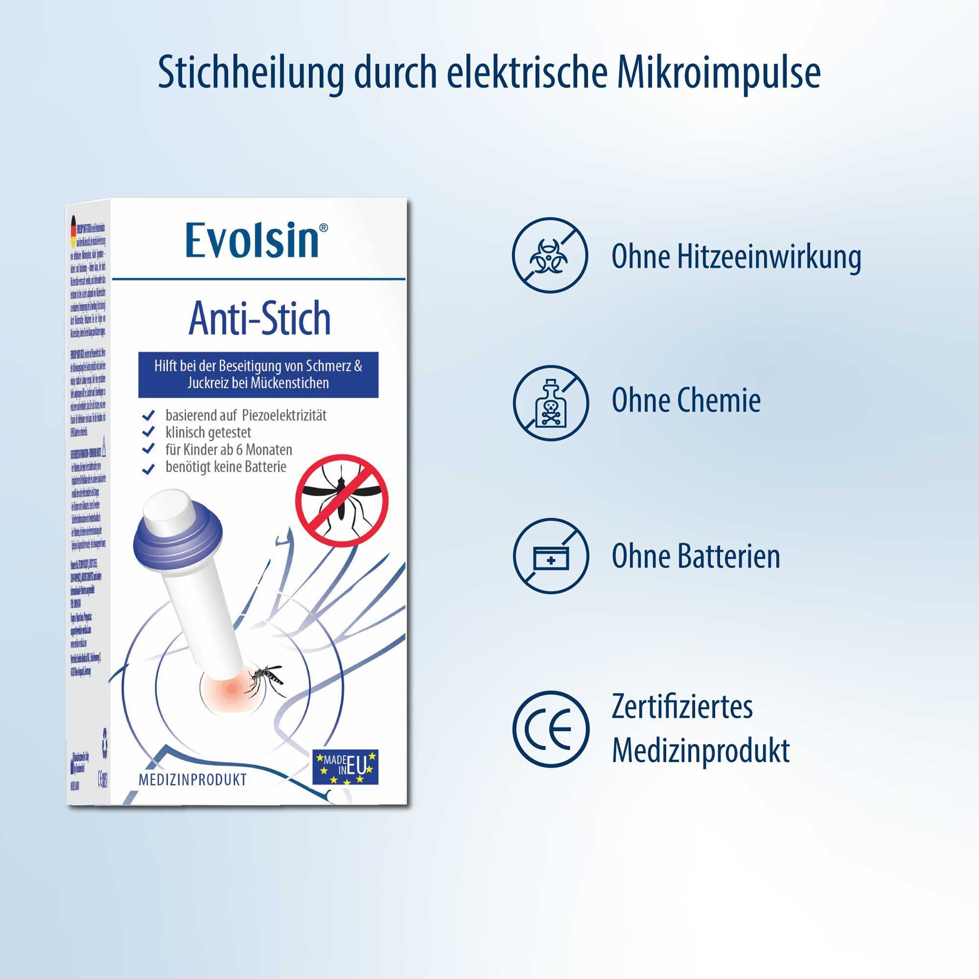 Verpackung EVOLSIN Anti-Stich. Text: Stichheilung durch elektrische Mikropulse, ohne Hitze, Chemie, Batterien. Zertifiziertes Medizinprodukt.
