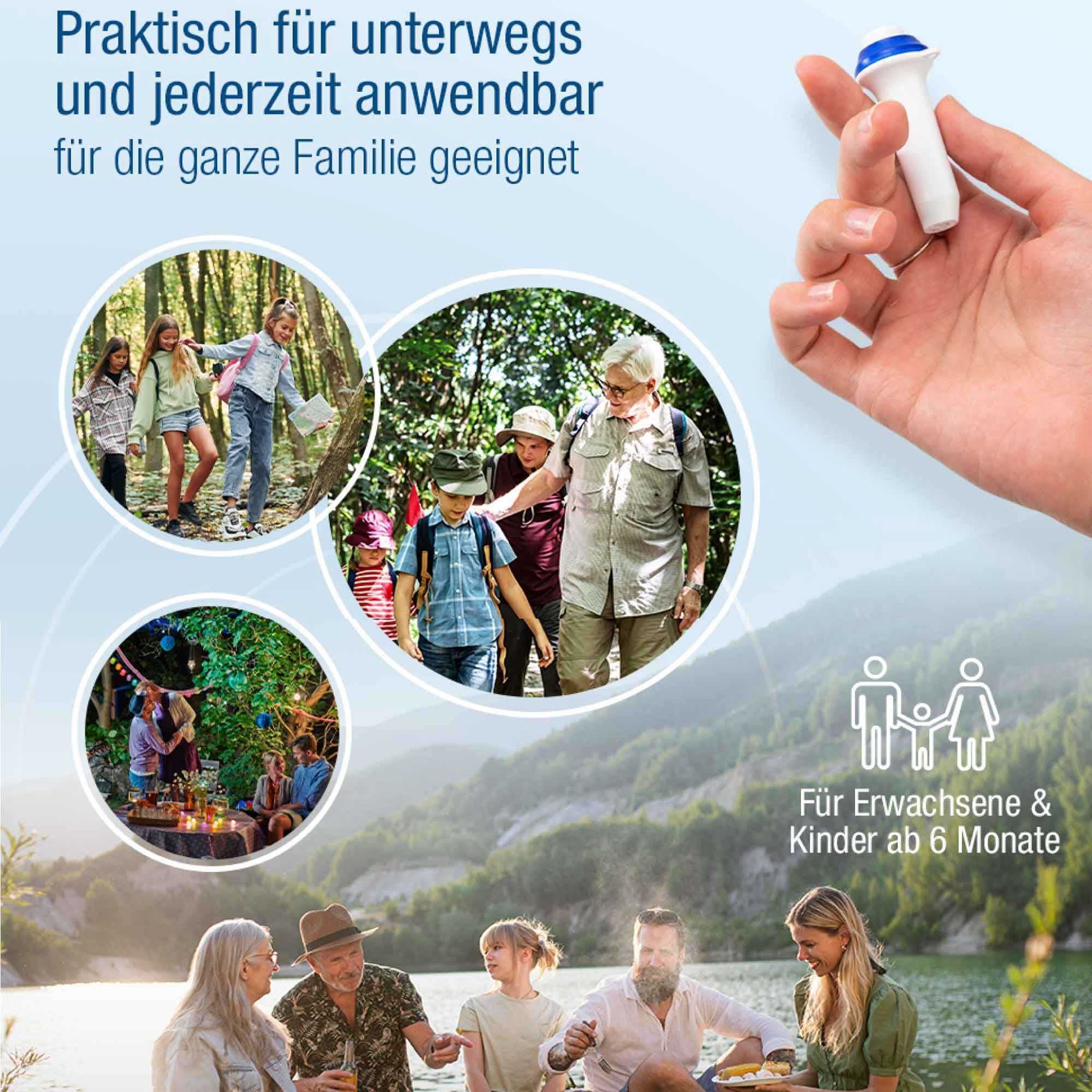 Menschen in verschiedenen Umgebungen. Text: Praktisch für unterwegs und jederzeit anwendbar, für die ganze Familie geeignet. Für Erwachsene & Kinder ab 6 Monaten.